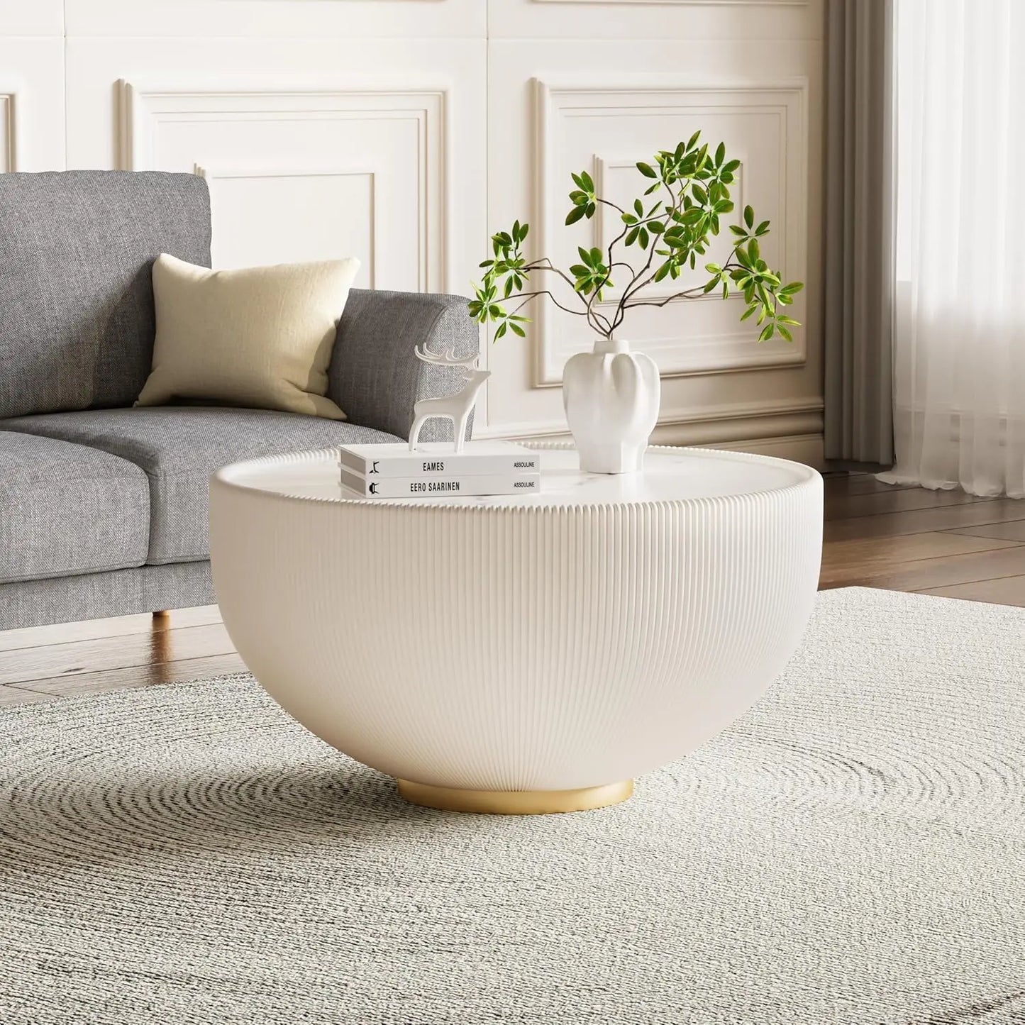 Round Grey 2-Piece Coffee Table Set 29.5in & 17.7in Sintered Stone Top Fluted PU Leather Base Living Room, Customized