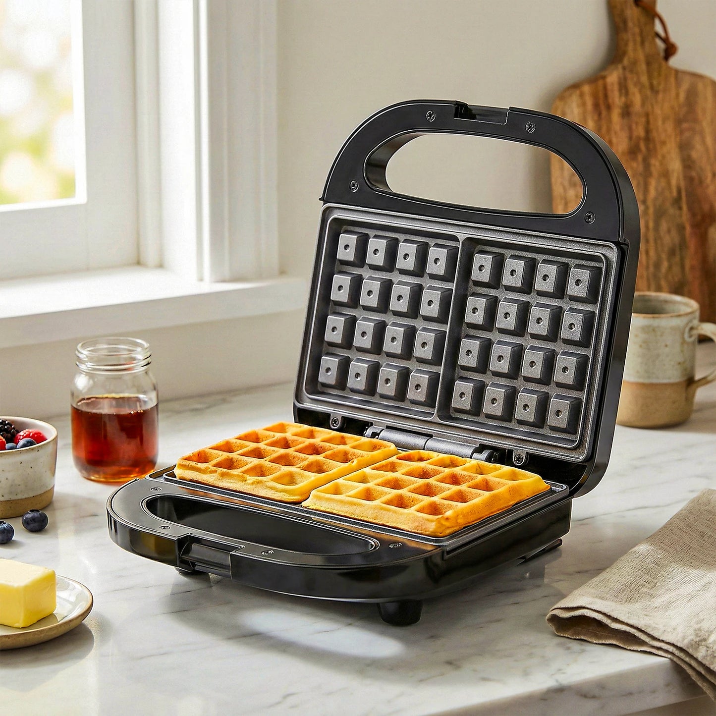 2-Slice Belgian Waffle Maker, Non-Stick Plates, Compact Electric Waffle Iron with LED Indicator, Locking Latch, Easy Clean Breakfast Machine for Home Kitchen