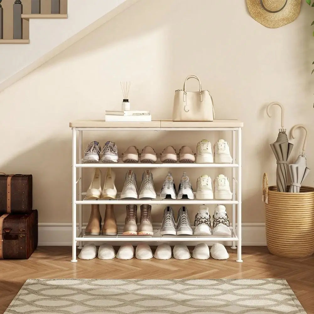 4-Tier Shoe Rack Organizer, Freestanding Metal Shoe Shelf with MDF Top Board for Closet, Entryway and Hallway