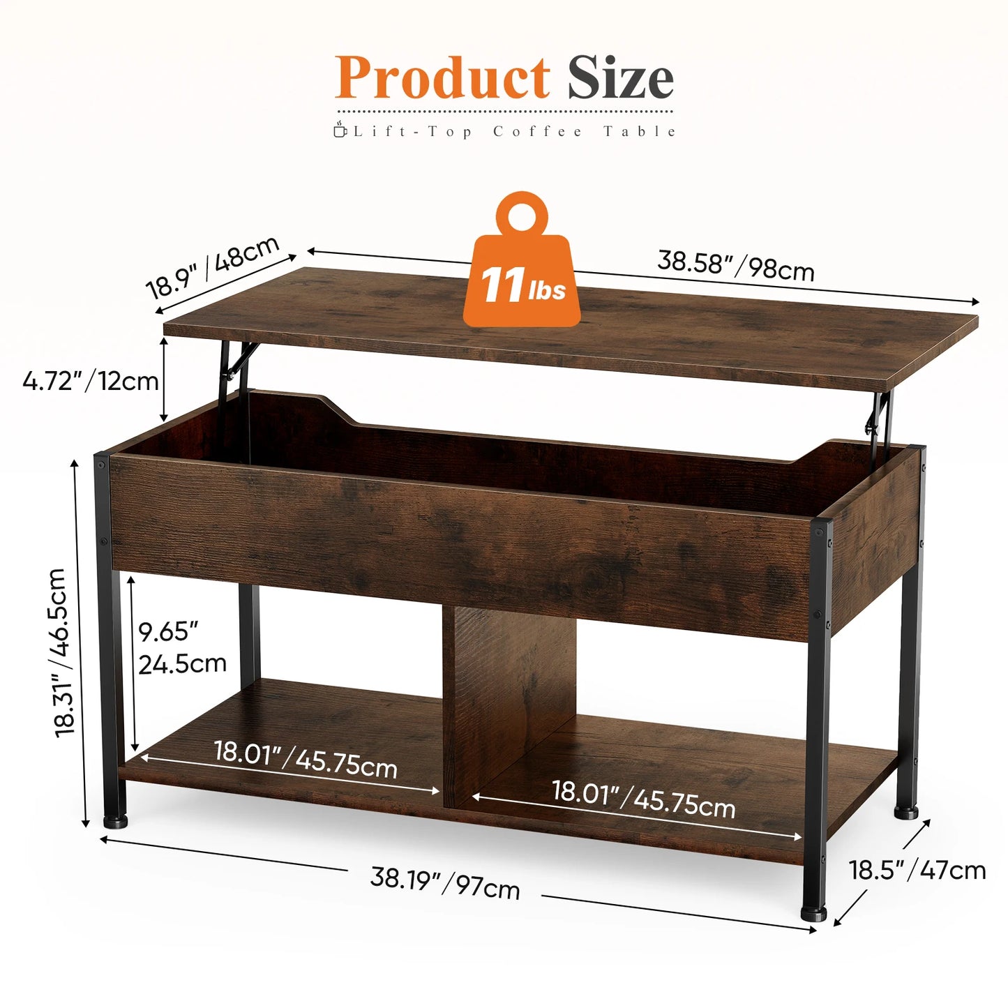 MCQ 39IN Lift Top Coffee Table with Storage For Living Room Wood Adjustable 2 Shelves Easy Lift Or Lower For Tea Dining Tables