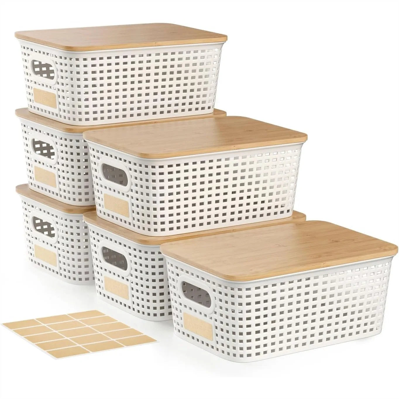 6Pcs Storage Bins with Lids, Stackable Plastic Basket with Bamboo Lid, Pantry Organizer for Shelves Drawer Desktop Closet
