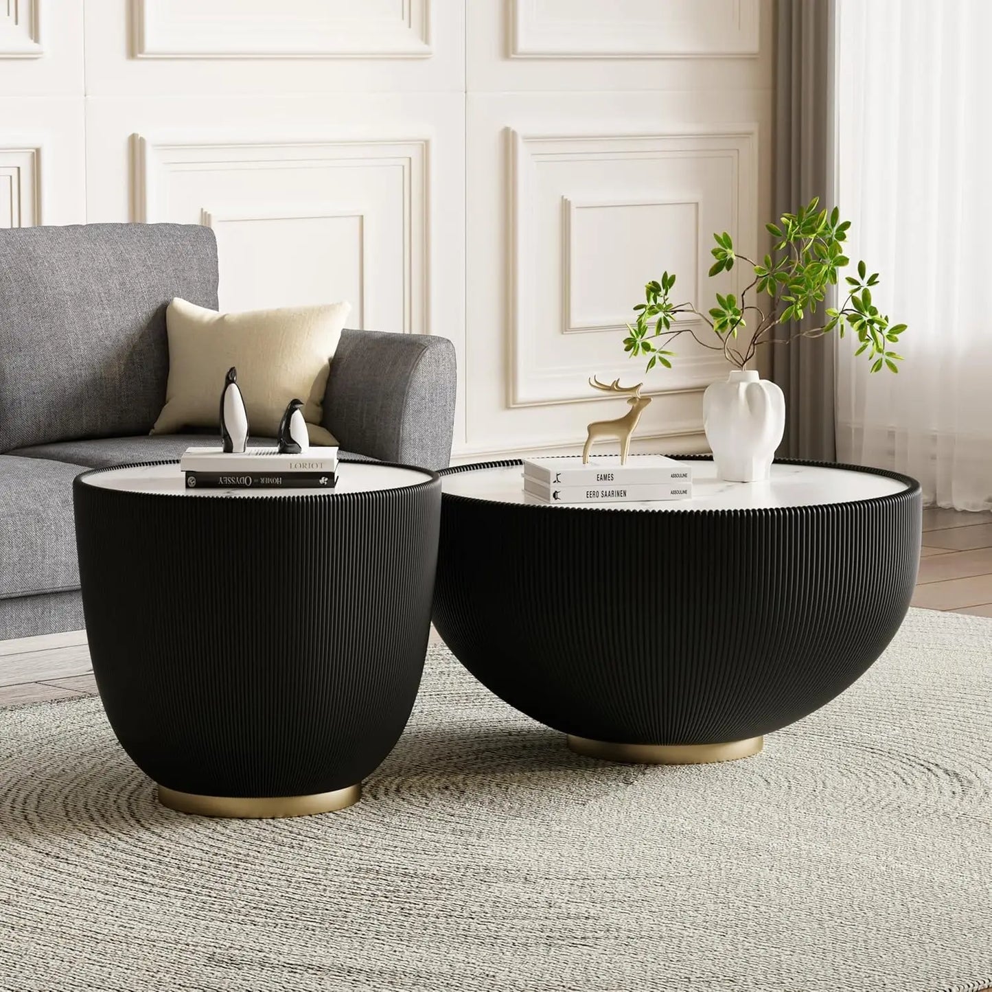 Round Grey 2-Piece Coffee Table Set 29.5in & 17.7in Sintered Stone Top Fluted PU Leather Base Living Room, Customized