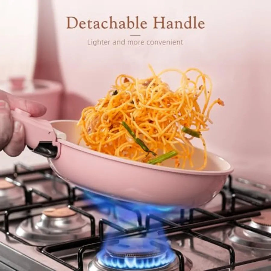 Pots and Pans Set Non Stick, Ceramic Cookware Set Detachable Handle, RV Kitchen Cooking Set Removable Handles, Oven Safe, Induc