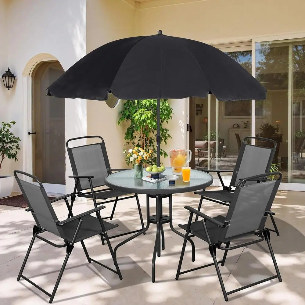 6 Piece olding Patio Dining Set,Small Metal Outdoor Garden Patio Table and Chair Set w/Umbrella or Lawn,Deck,Backyard,Black