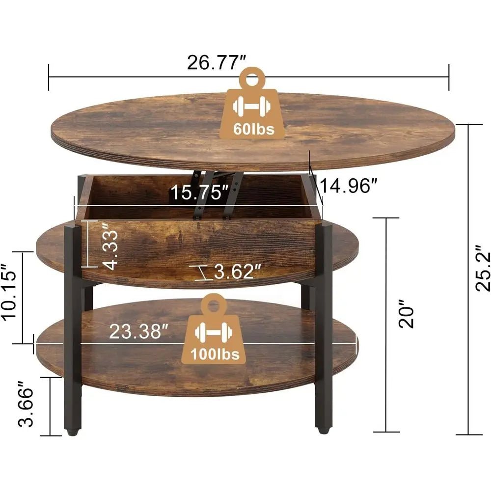 Round Lift Top Coffee Table with Storage and Hidden Compartment, 26.77'' Farmhouse Coffee Table for Living Room Reception Room,