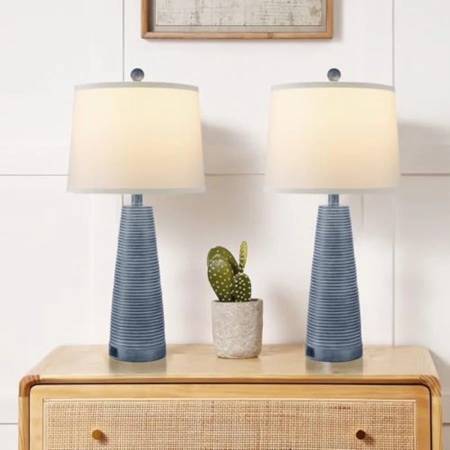 Nightstand Lamp Bedside Lamps Set of 2 Vintage Rustic Farmhouse Table Lamp 3 Way Dimmable Horizontal Stripe Light, Suitable for L