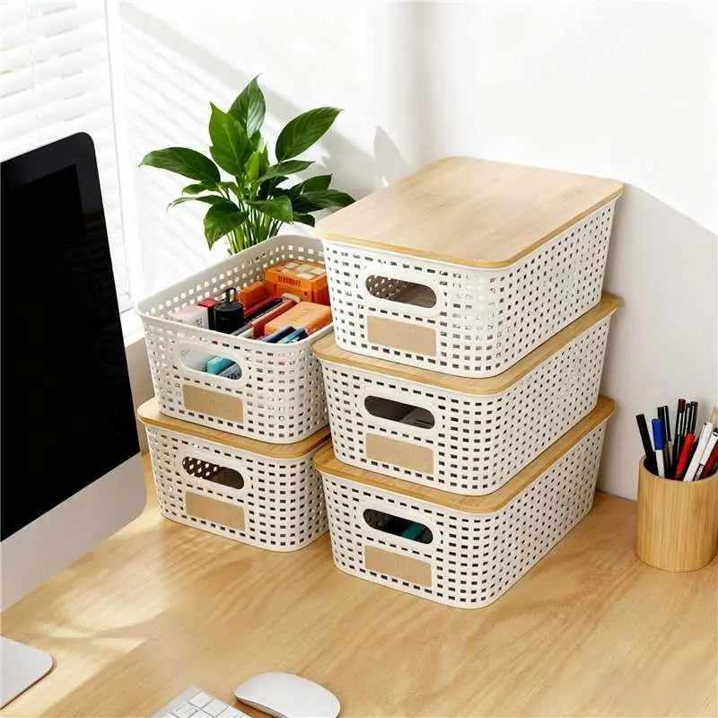 6Pcs Storage Bins with Lids, Stackable Plastic Basket with Bamboo Lid, Pantry Organizer for Shelves Drawer Desktop Closet