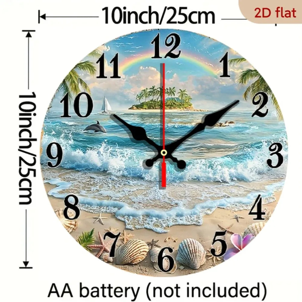 2D Flat 1pc Tropical Beach Ocean Wall Clock with Rainbow, Dolphins, and Seashells Decorative Timepiece Round Wooden Wall Clock 1