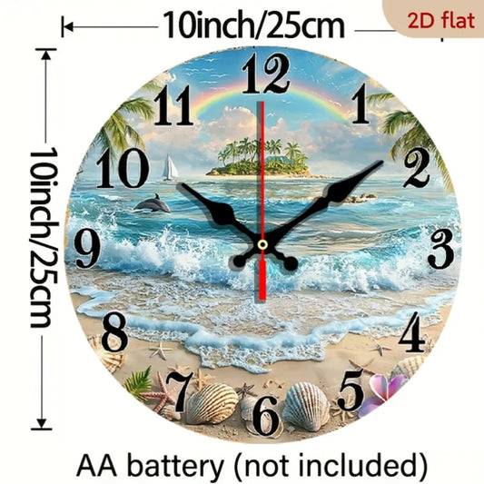 2D Flat 1pc Tropical Beach Ocean Wall Clock with Rainbow, Dolphins, and Seashells Decorative Timepiece Round Wooden Wall Clock 1