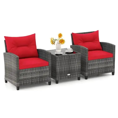 Patio Furniture, 3 Pieces Outdoor Wicker Conversation Set Chairs with Soft Cushions and Glass Coffee Table, Rattan