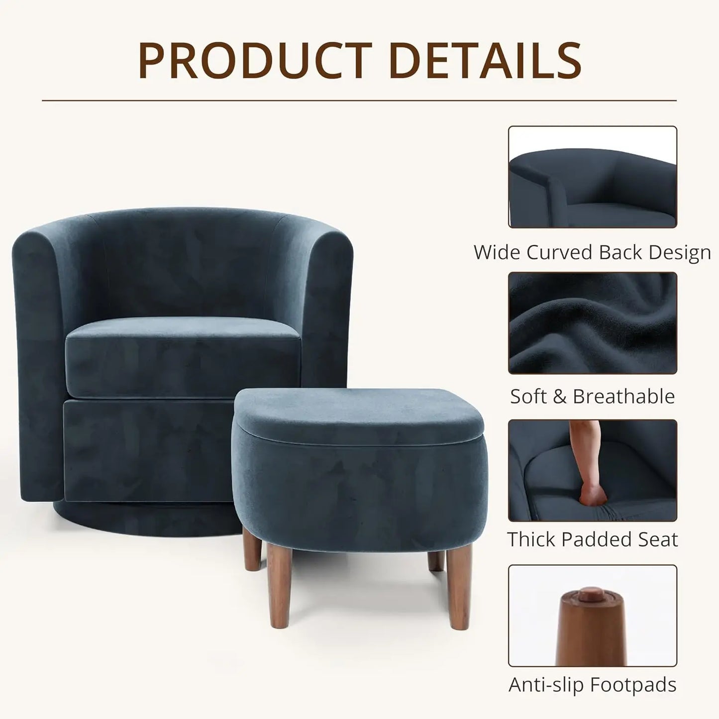 Swivel Accent Chair with Storage Ottoman, Small Modern Velvet Barrel Chair, Upholstered Armchair with Footrest for, Customized
