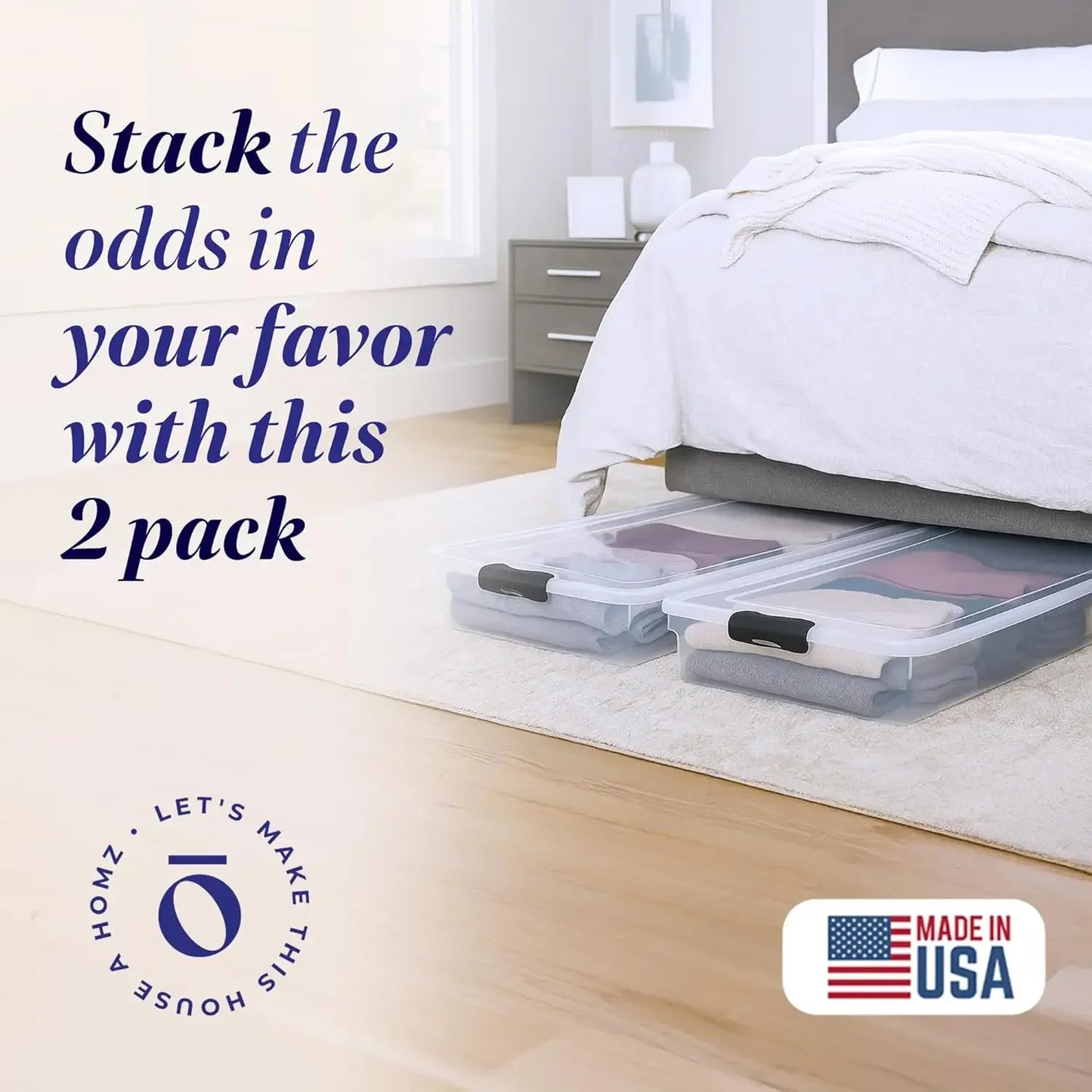 2-Pack Under Bed Storage, Clear Plastic Containers with Lids, 60 Quart, Gray Latch - Stackable Underbed Organizer Bins for Shoes