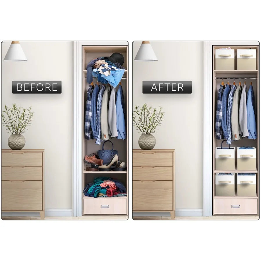 11 Foldable Storage Cubes 6-Pack Beige White Fabric Bins for Closet Shelves Cubby Organizer Collapsible Cloth Baskets Home Orga