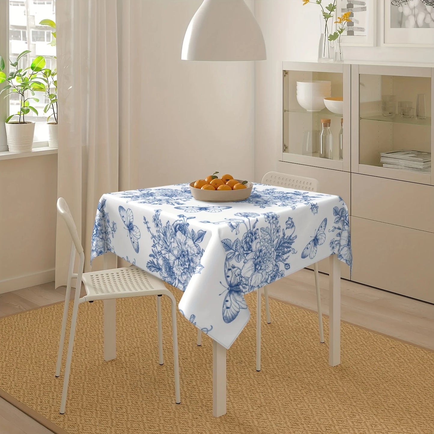 Tablecloth Multi Sizes Farmhouse Blue White Floral Butterfly Print Polyester Fabric Machine Washable Spillproof Dustproof Wrinkle Resistant Rectangular Table Cover for Kitchen Dining Wedding Picnic Party Patio Indoor Outdoor