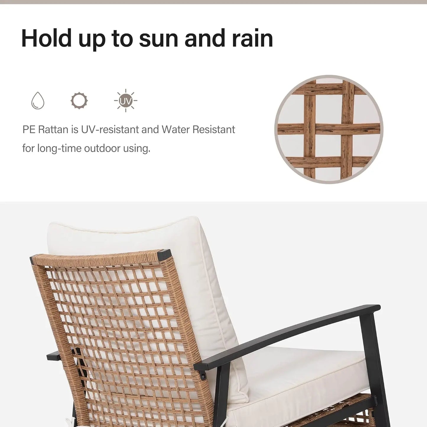 3-Piece Rocking Bistro Set, Outdoor Patio Furniture with Thick Cushions and 2-Tier Coffee Table, Oversize Rattan, Customized