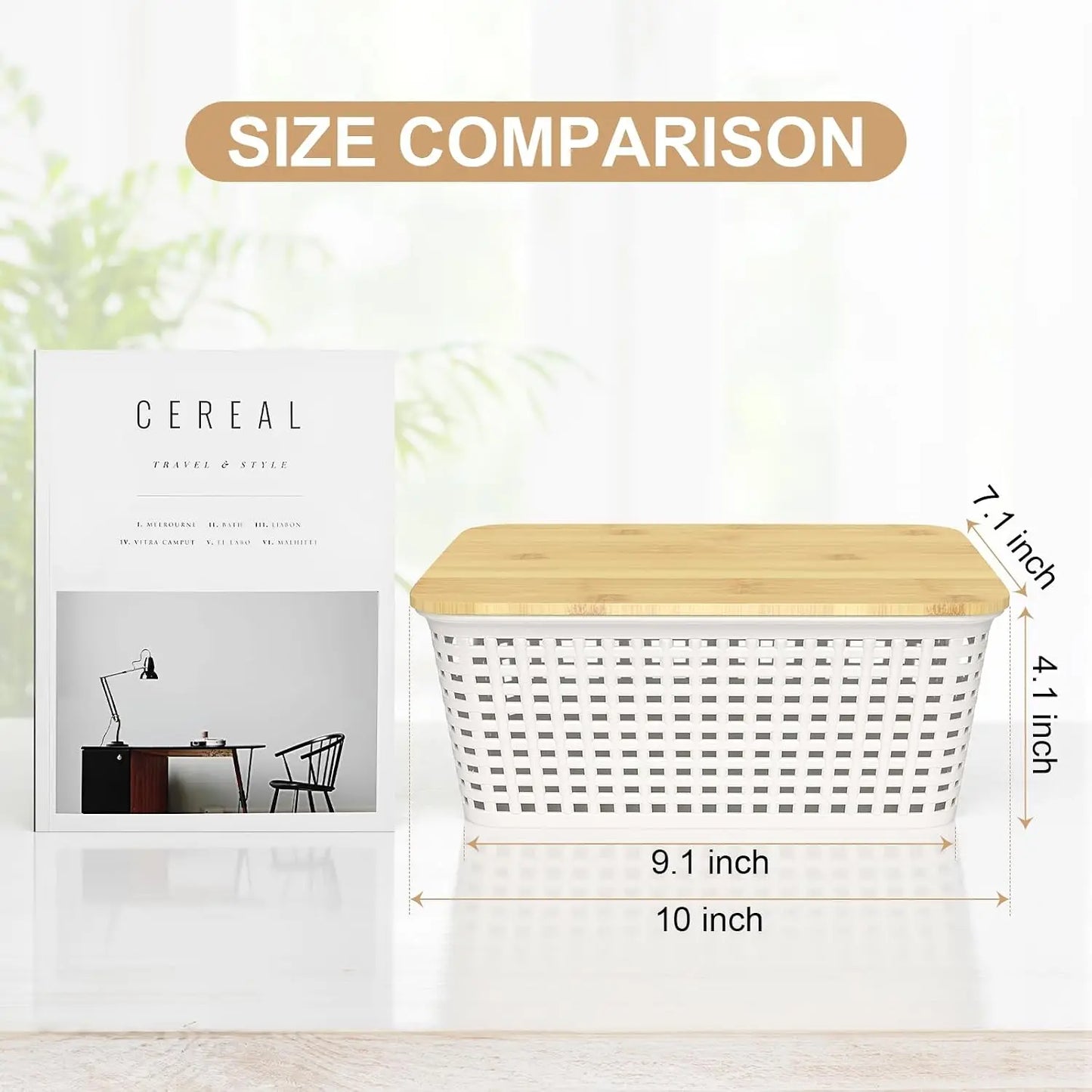 6Pcs Storage Bins with Lids, Stackable Plastic Basket with Bamboo Lid, Pantry Organizer for Shelves Drawer Desktop Closet