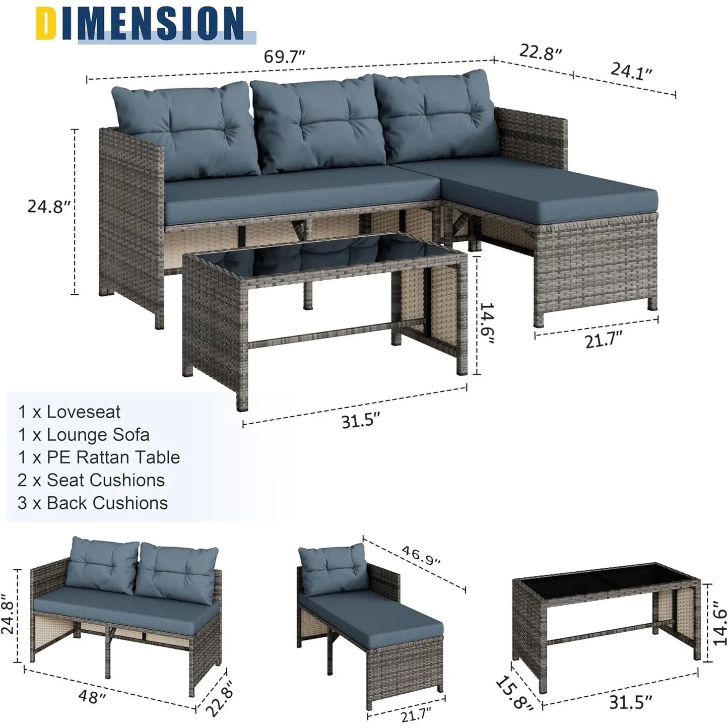 3 Piece All Weather Wicker Patio Conversation Set with Cushions and Glass Table Blue