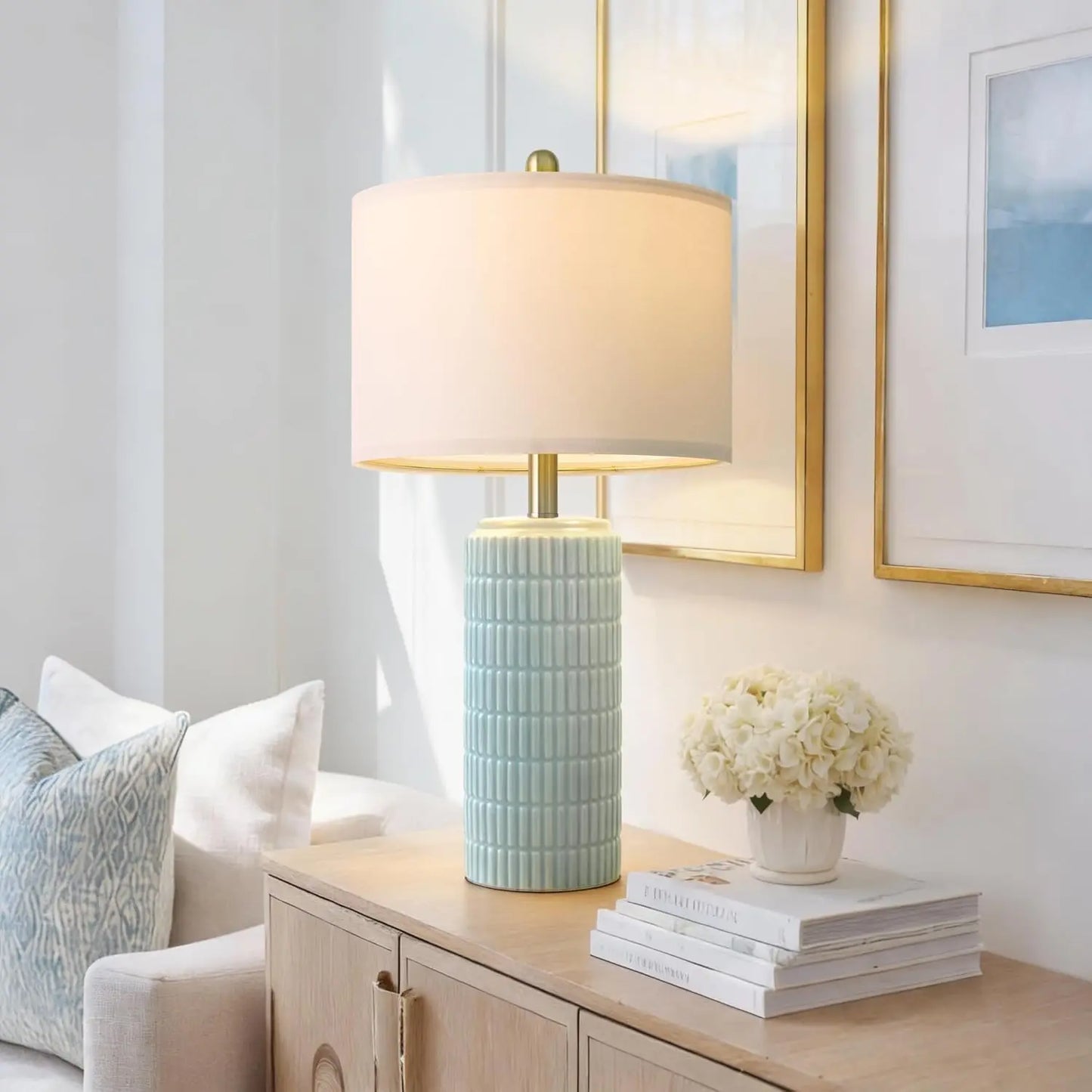PoKat 23" Light Blue Table Lamps Set of 2, Modern Bedside Lamps for Bedroom, Coastal Ceramic End Table Lamps for Living Room, Oc