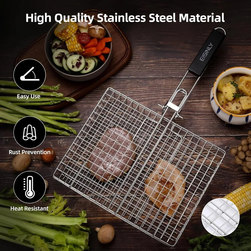 Portable Grill Basket, BBQ Grilling Basket with Removable Handle, Stainless Steel Camping Cooking Accessories for Chicken Fish Vegetable