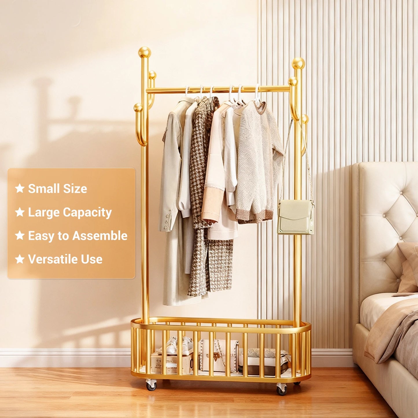 Clothes Rail Movable Clothes Hanging Coat Rack with Storage Basket for Hanging Clothes Coats Dresses for Bedroom Closet Laundry