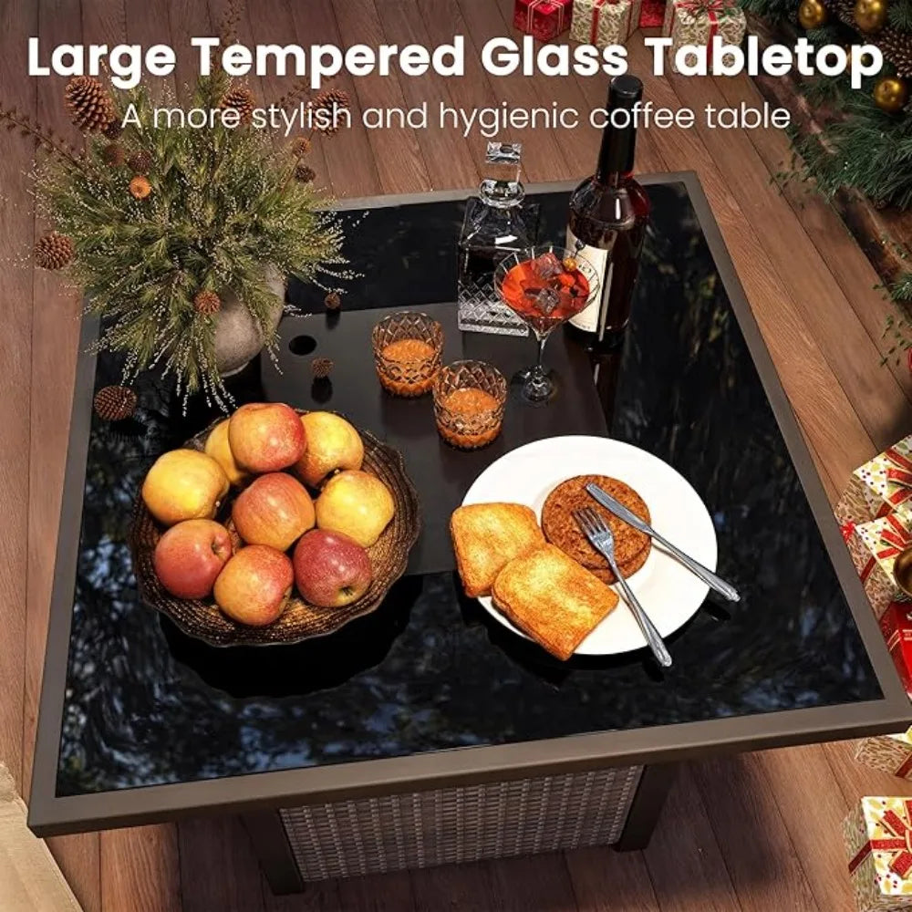 Propane Fire Pit Table, Outdoor Fire Pit Table, 28" Rattan Square Outdoor Gas Fire Pit with Glass Wind Guard