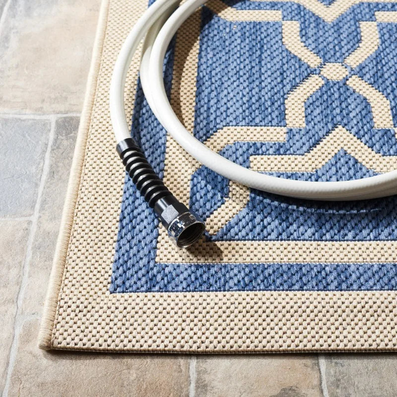 Geometric Bordered Indoor/Outdoor Area Rug, 2' x 3'7", Blue/Beige