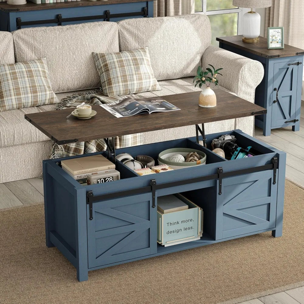 47.3-inch Farmhouse-style Coffee Table with Sliding Barn Door, Modern Wooden Height-adjustable Coffee Table,Customizable
