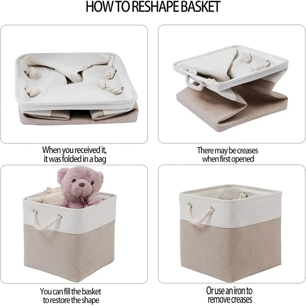 11 x 11 Inch Cube Storage Bins, 6 Pack Large Collapsible Fabric Storage Bin with Ropes, Foldable Storage Cubes for Home, Office,