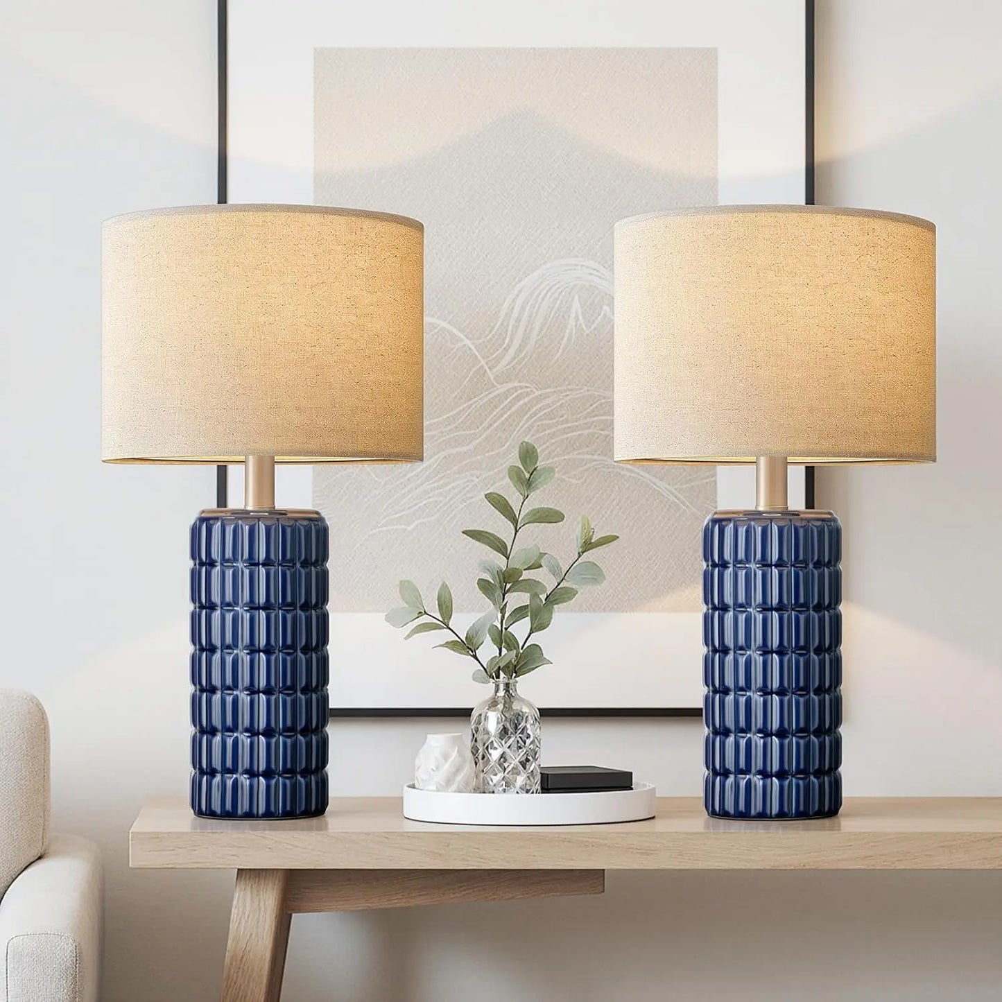 23" Modern Ceramic Table Lamps Set of 2 - Farmhouse Bedside Nightstand Lamps for Living Room with Linen Shade, White Boho Desk