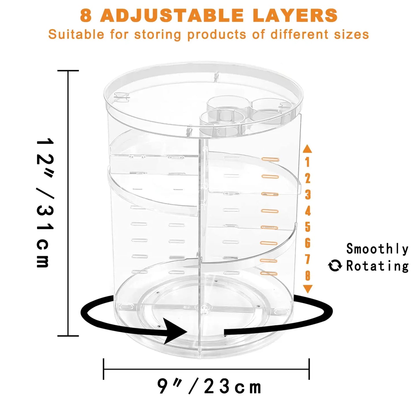 Rotating Makeup Organizer, DIY 8 Adjustable Layers Spinning Skincare Storage, Cosmetic Display Case with Brush Holder and Perfum