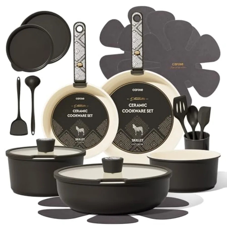 Ceramic Cookware Set, Pots and Pans Set Non Stick with Detachable Handle, RV Kitchen Cooking Set, Induction and Oven Safe, PFAS