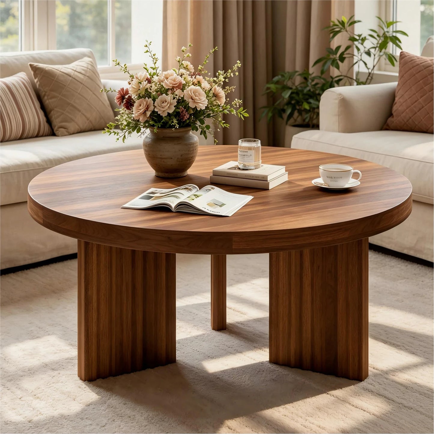 33.5 Inch Round Coffee Table For Living Room, Fluted Leg Circle Center Table With 1.3 Inch Thick Top, Retro Accent Sofa Table For Bedroom