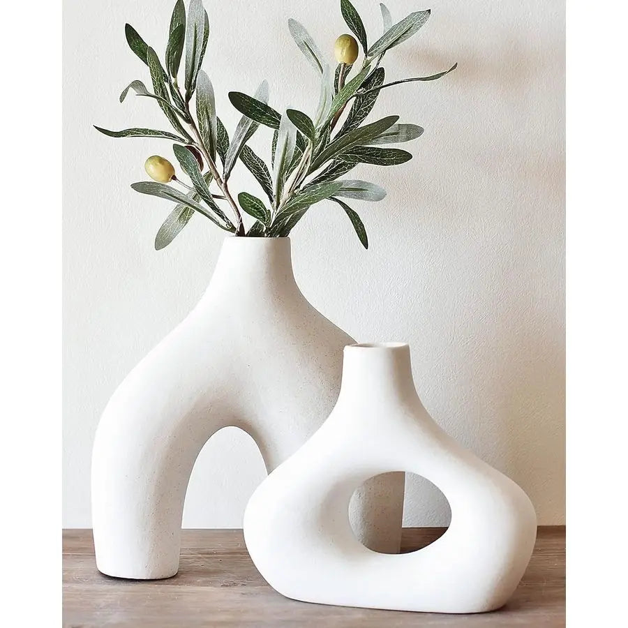 Donut Vase, Set of 2 White Large Ceramic Vase Minimalist Nordic, Hollow Table Centerpiece, Olive Plant, Wedding, Living Room