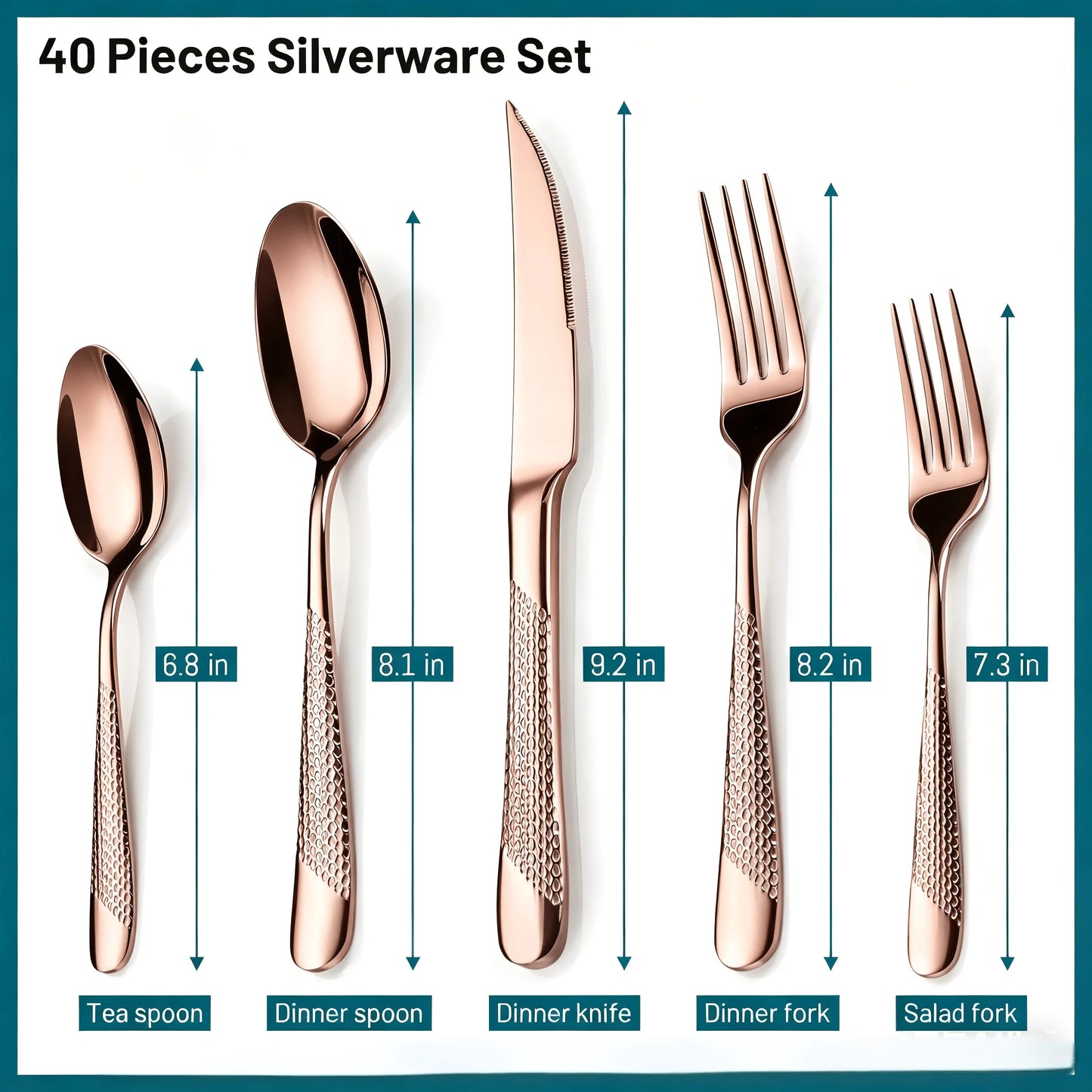 Stainless Steel Flatware Utensil Set With Ultra Sharp 2-IN-1 Serrated Knife, 40/48pcs Modern Hammered Silverware Set For 8, Mirror Polished, And Dishwasher Safe
