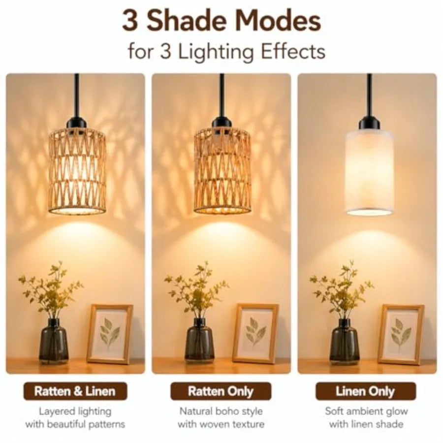 Rattan Pendant Light 6 Inch 2-in-1 Boho Hanging Fixture with Iron Rods and Linen Shade Adjustable Height and Sloped Ceiling Com