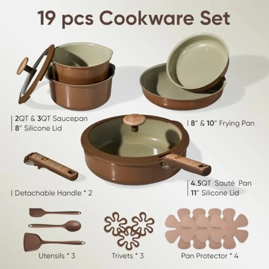 Ceramic Cookware Set, Pots and Pans Set Non Stick with Detachable Handle, RV Kitchen Cooking Set, Induction and Oven Safe, PFAS