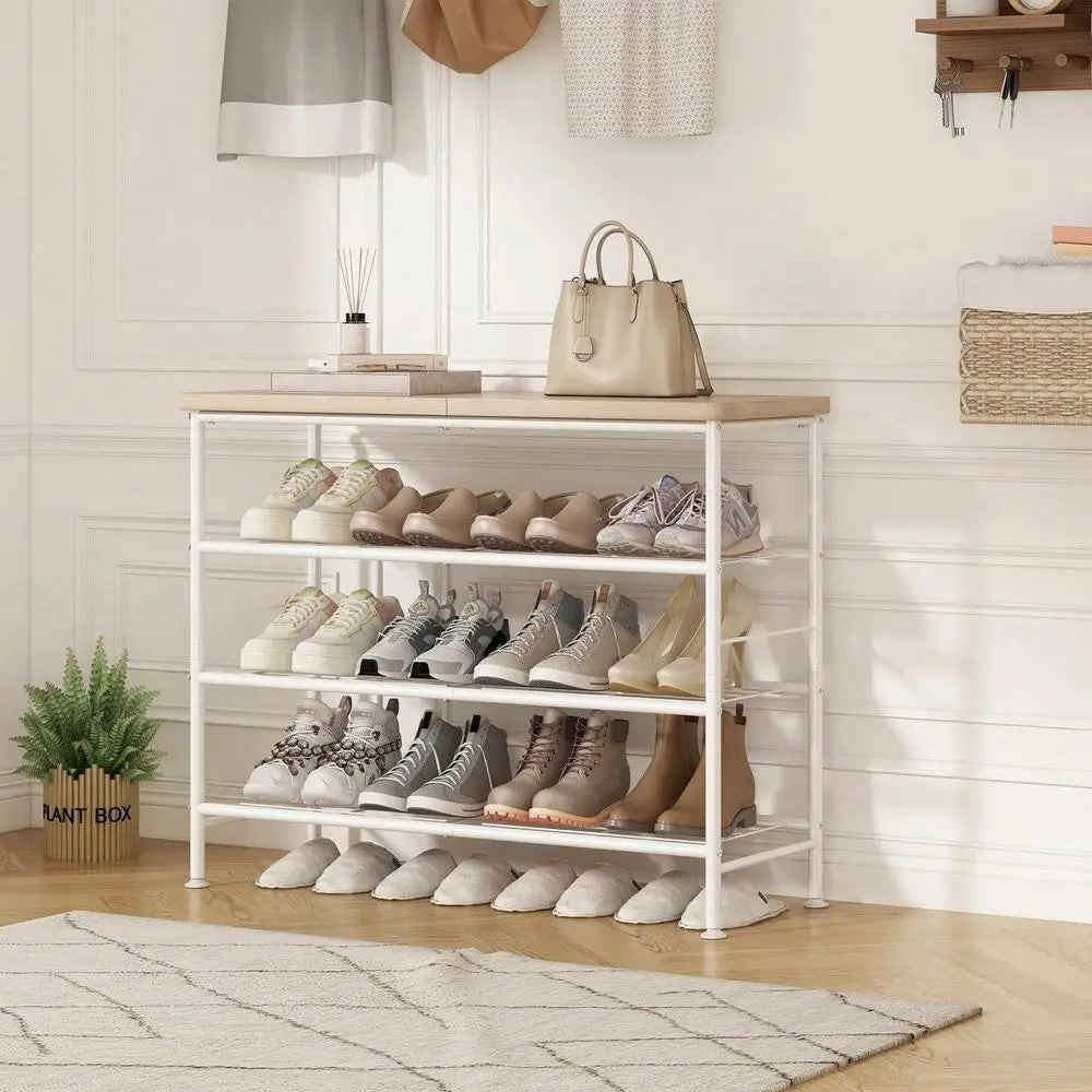 4-Tier Shoe Rack Organizer, Freestanding Metal Shoe Shelf with MDF Top Board for Closet, Entryway and Hallway