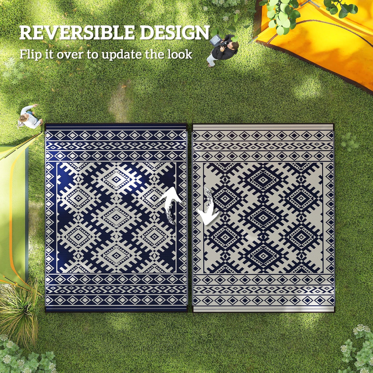 Outdoor Rug, 9' x 12' Floor Mat, Blue White Rhombus Border