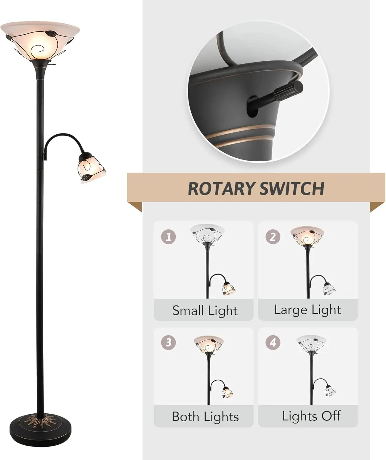 Torchiere Floor Lamp with Side Reading Light, 71" Antique Bronze Combo Lamp for Living Room Bedroom Home Office