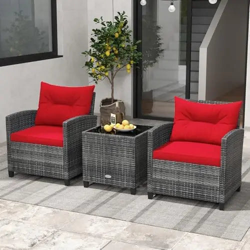 Patio Furniture, 3 Pieces Outdoor Wicker Conversation Set Chairs with Soft Cushions and Glass Coffee Table, Rattan
