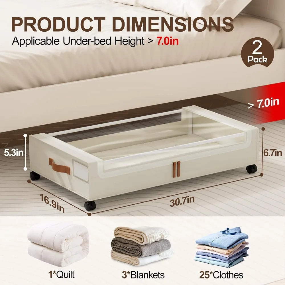 2 Pack Under Bed Storage with Wheels, 60L Clear Lid Bins, Rolling Metal Drawers for Clothes, Blankets, Shoes, Beige