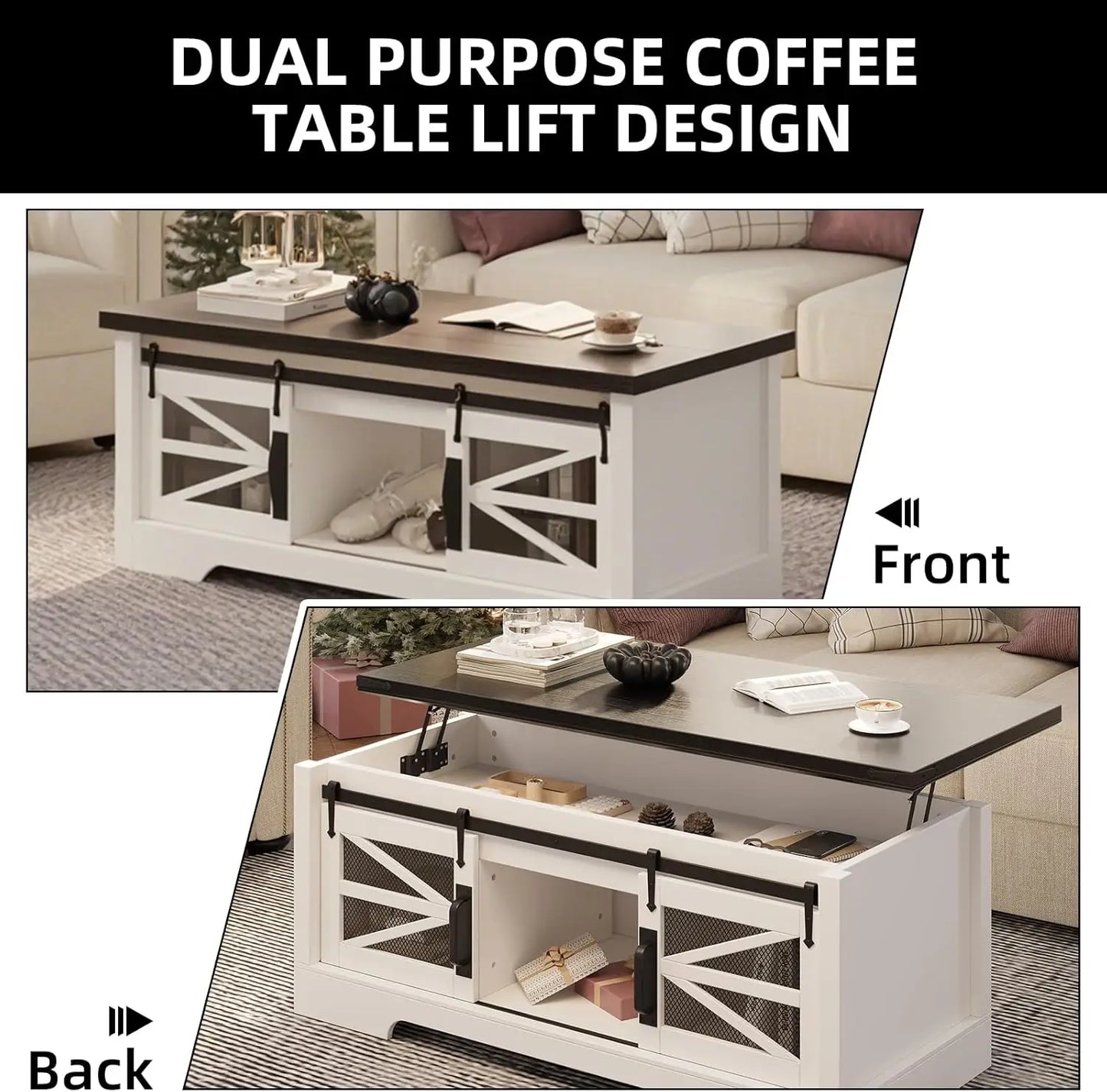 Lift Top Coffee Table with Sliding Barn Doors Large Storage Compartment Rectangle Entryway Desktop for Living Room Home Office