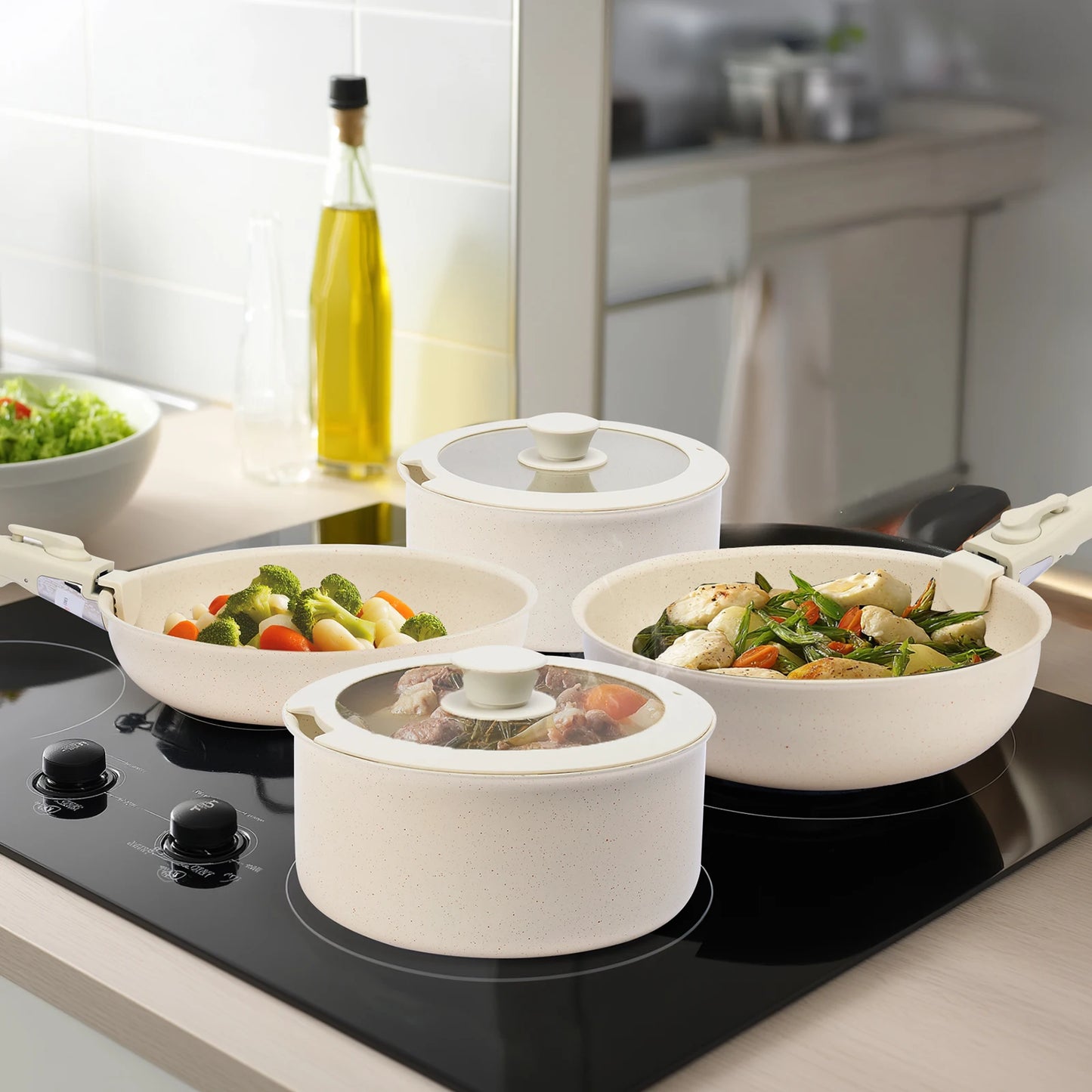12 Pcs Pots and Pans Set Nonstick Kitchen Cookware Set Induction Cooking Sets Detachable Handle For Kitchen Dining