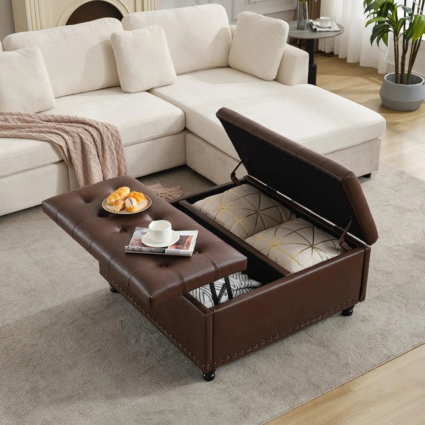 Large Square Storage Ottoman Tufted Upholstered Coffee Table Lift Top Wooden Legs Oversized Toy Box Living Room, Customized