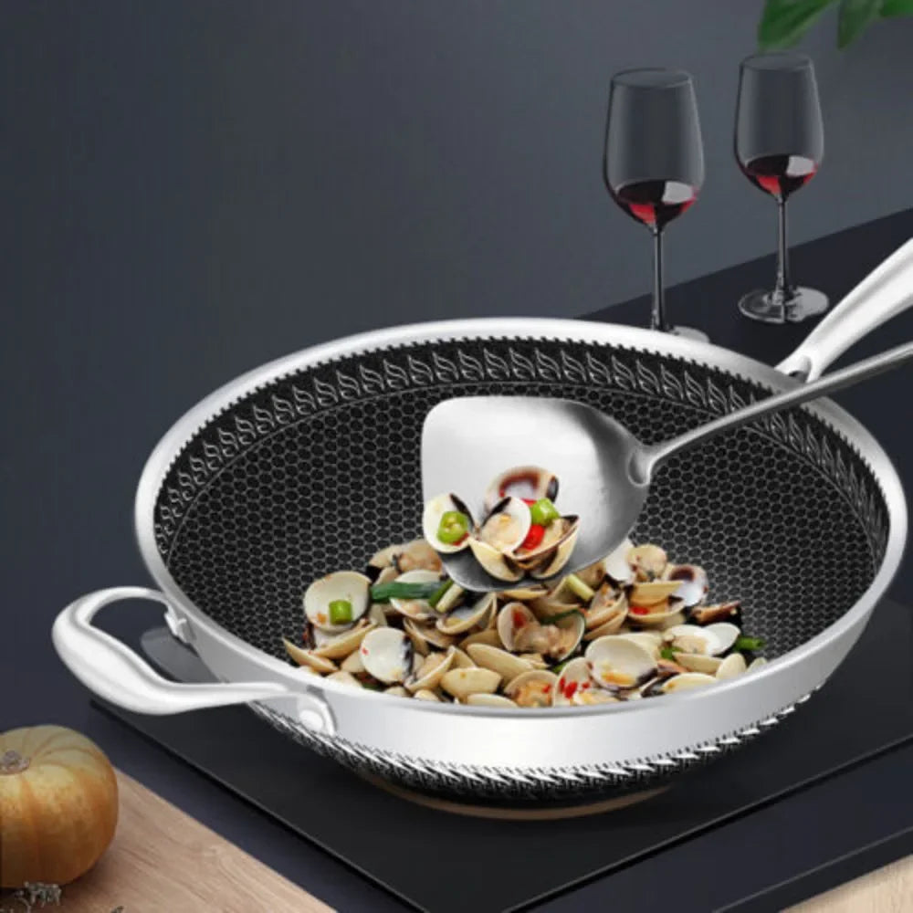 34cm Stainless Steel Cooking Wok Pan - Non-Stick Coated Frying Pan with Tempered Glass Lid - Healthy Fry Pan for Chinese Cooking