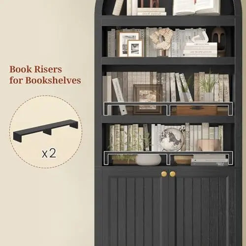 81" Tall Arched Cabinets,Bookcase with storage,Mid-Century Modern 6-Tier Bookshelf with Door,2 Book Risers and