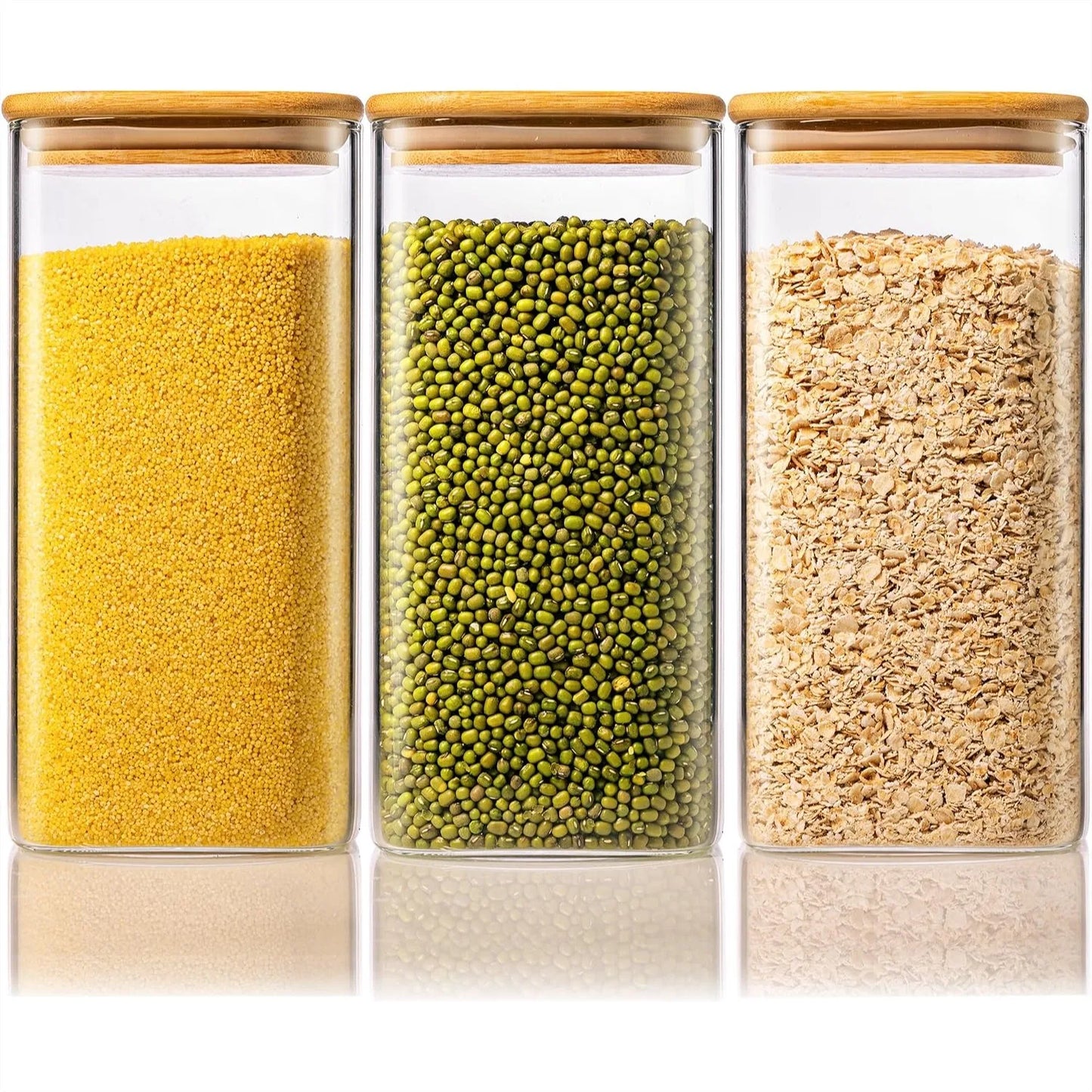 3 Pack Square Glass Jars with Bamboo Lids for Kitchen Pantry Storage Cereal Pasta Rice