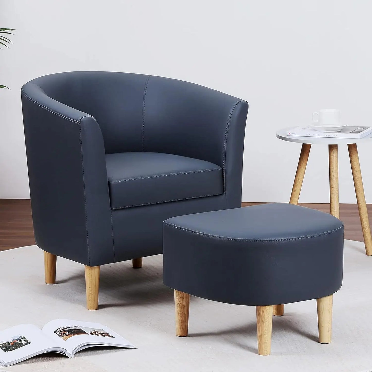 Mid Century Accent Chair & Ottoman Small Barrel Armchair with Footrest for Living Room Bedroom Linen Fabric Wood Legs, Customize