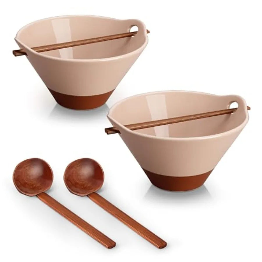 42 oz Ceramic Ramen Bowl Set with Wooden Spoon and Chopsticks Japanese Style Soup Bowls for Ramen Pho Noodles Set of 2 Microwav