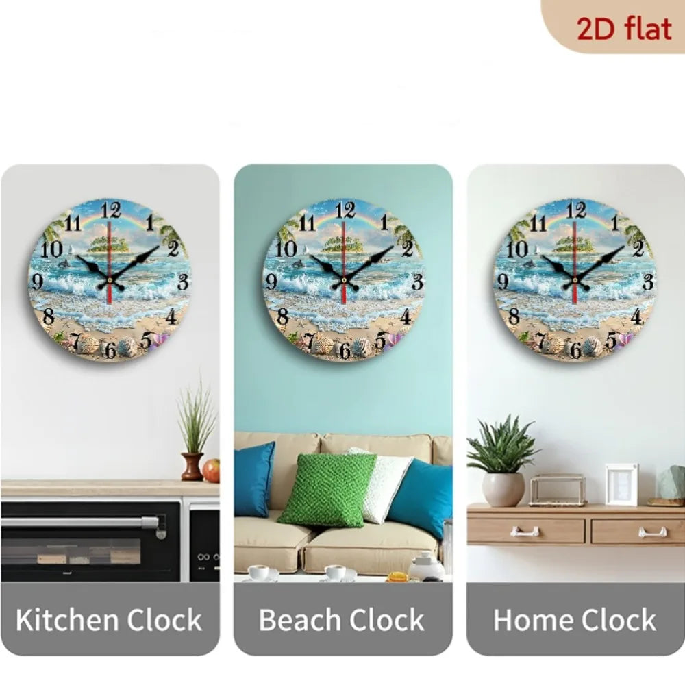2D Flat 1pc Tropical Beach Ocean Wall Clock with Rainbow, Dolphins, and Seashells Decorative Timepiece Round Wooden Wall Clock 1